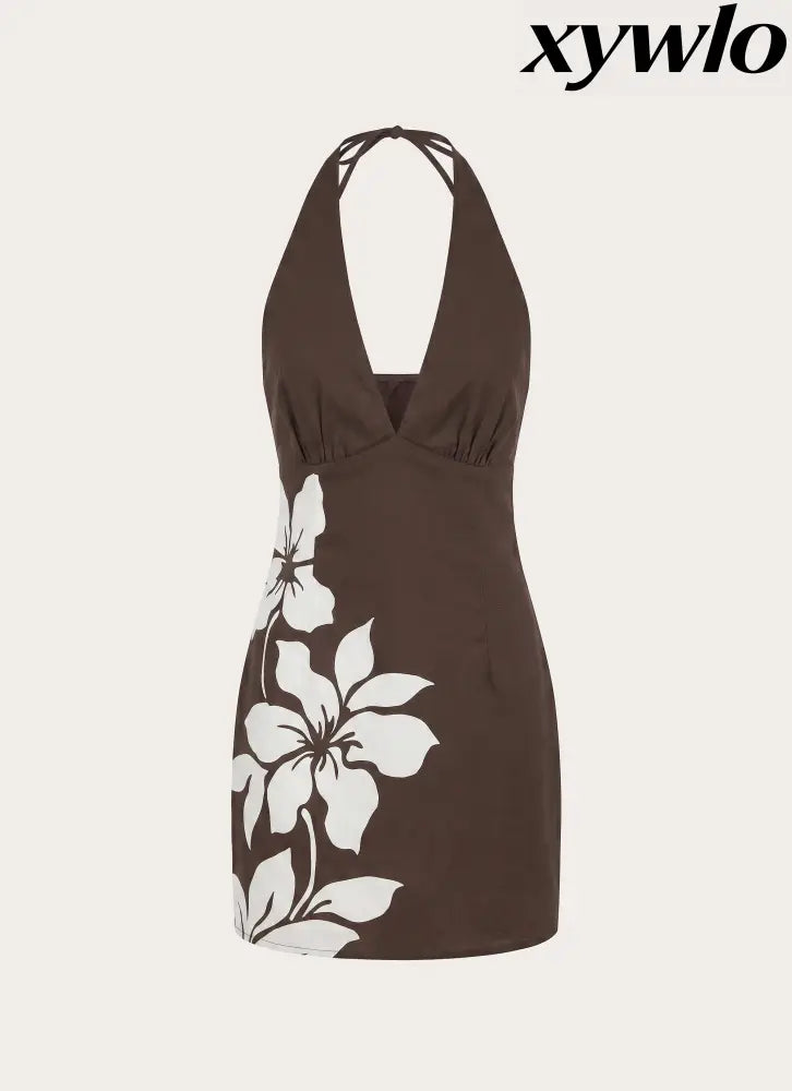 Agneta Halter Linen Mini Dress - Chocolate Tropic Floral - Mini Dresses
