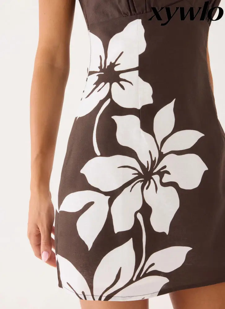 Agneta Halter Linen Mini Dress - Chocolate Tropic Floral - Mini Dresses