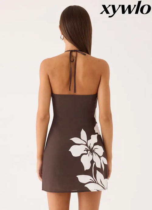Agneta Halter Linen Mini Dress - Chocolate Tropic Floral - Mini Dresses