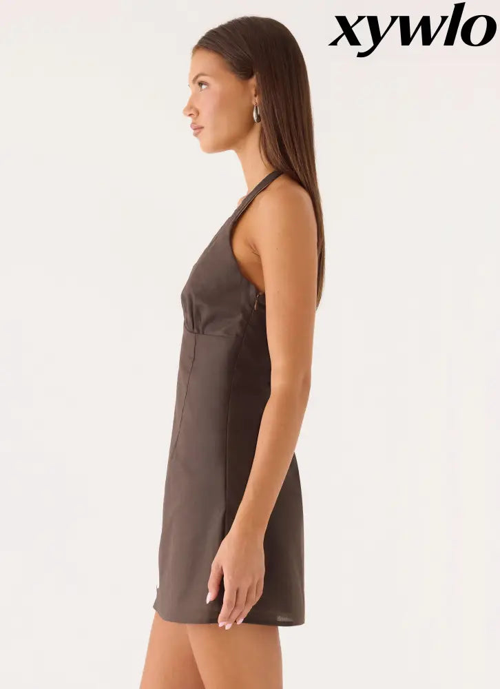Agneta Halter Linen Mini Dress - Chocolate Tropic Floral - Mini Dresses