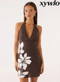 Agneta Halter Linen Mini Dress - Chocolate Tropic Floral - Mini Dresses