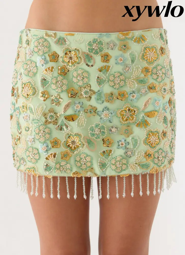Bliss Beaded Mini Skirt - Lime - Mini Skirts
