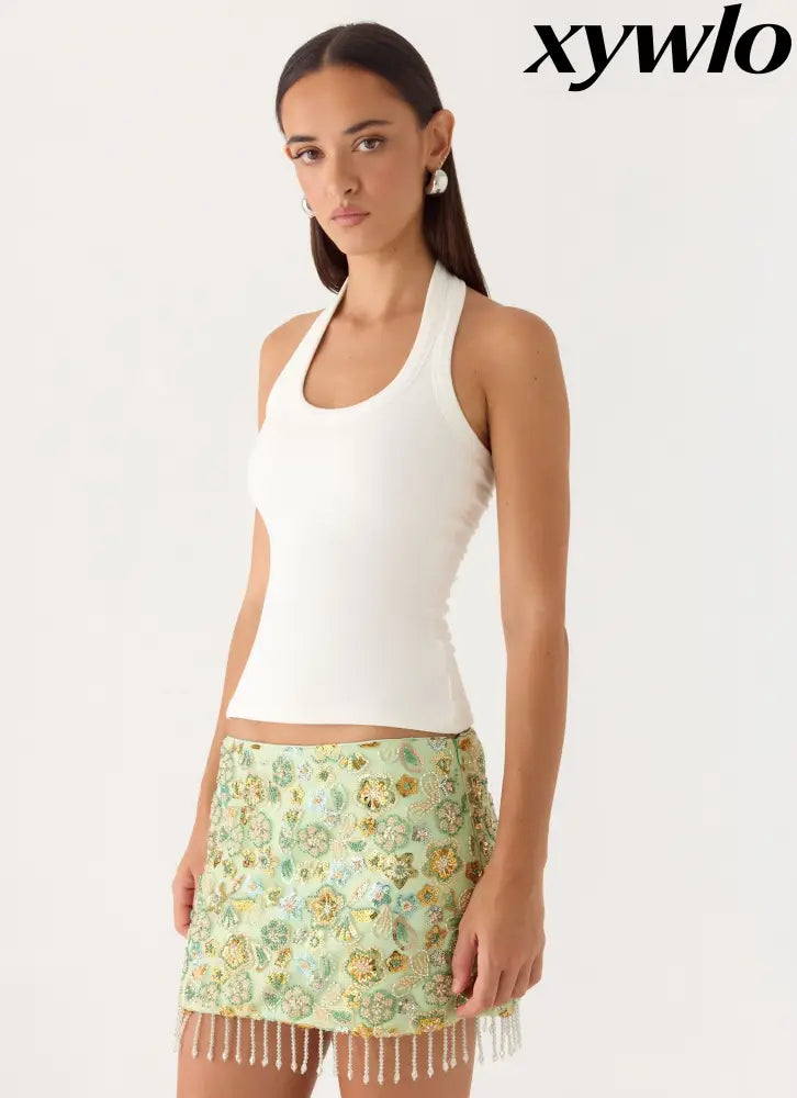 Bliss Beaded Mini Skirt - Lime - Mini Skirts