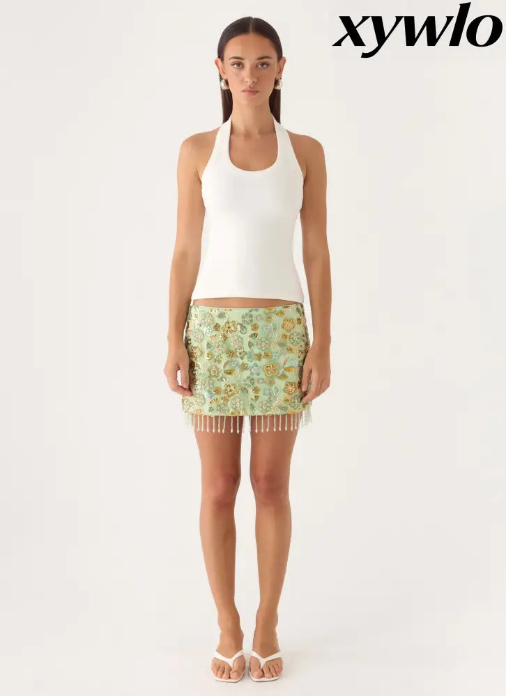 Bliss Beaded Mini Skirt - Lime - Mini Skirts
