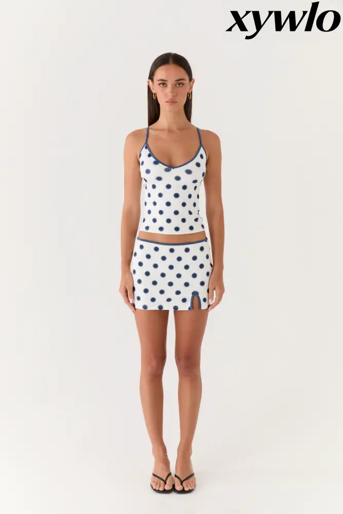 Elliot Mini Skirt - Porcelain Blue Polka Dot - Mini Skirt
