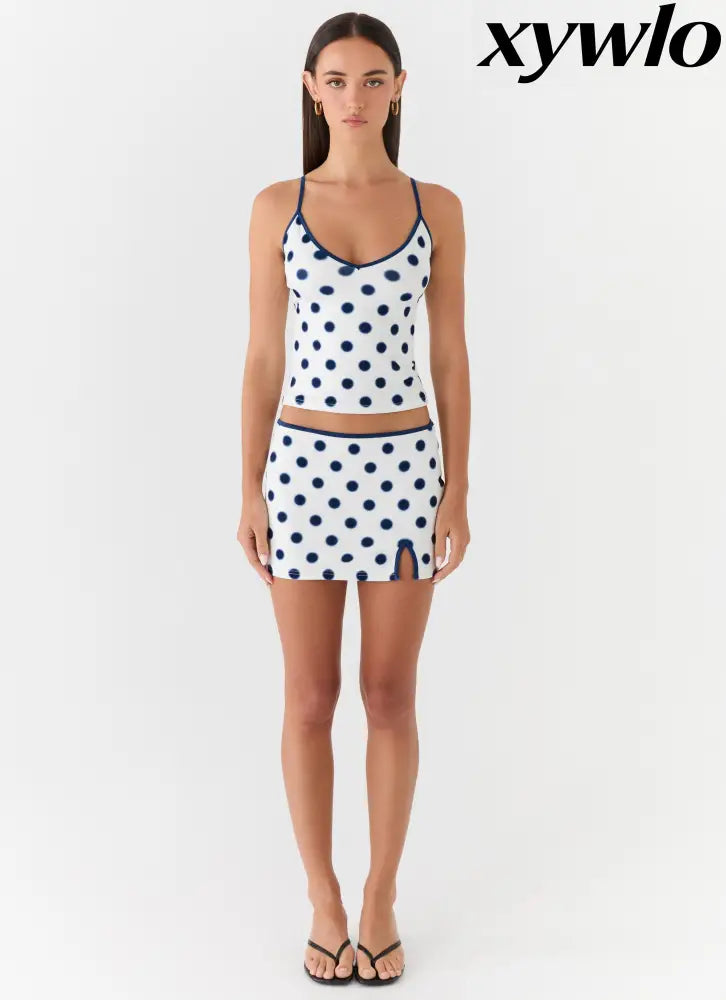 Elliot Mini Skirt - Porcelain Blue Polka Dot - Mini Skirt