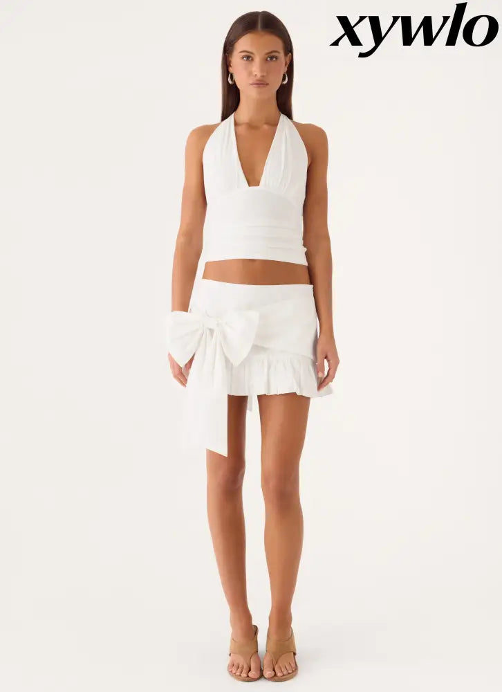 Emrie Bow Bubble Mini Skirt - White - Mini Skirts
