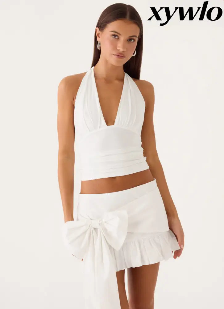 Emrie Bow Bubble Mini Skirt - White - Mini Skirts