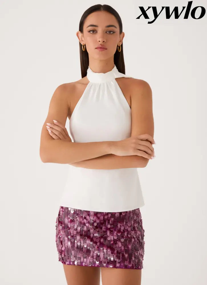 Malayah Sequin Mini Skort - Plum - Skorts