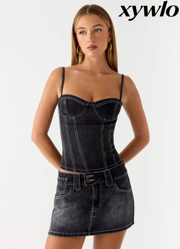 Nathan Super Low Rise Denim Mini Skirt - Washed Black - Denim Mini Skirts