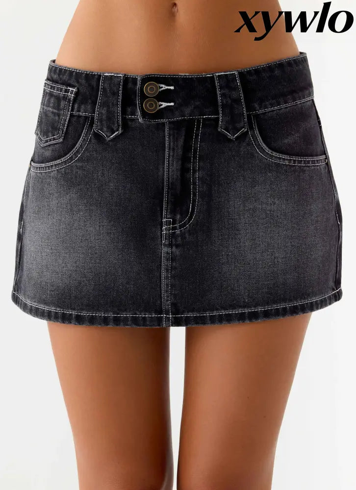 Nathan Super Low Rise Denim Mini Skirt - Washed Black - Denim Mini Skirts
