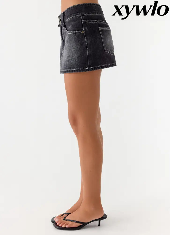 Nathan Super Low Rise Denim Mini Skirt - Washed Black - Denim Mini Skirts