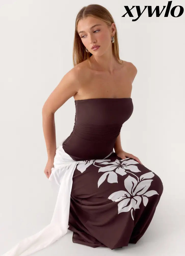 Palomar Strapless Maxi Dress - Chocolate Tropic Floral - Maxi Dresses