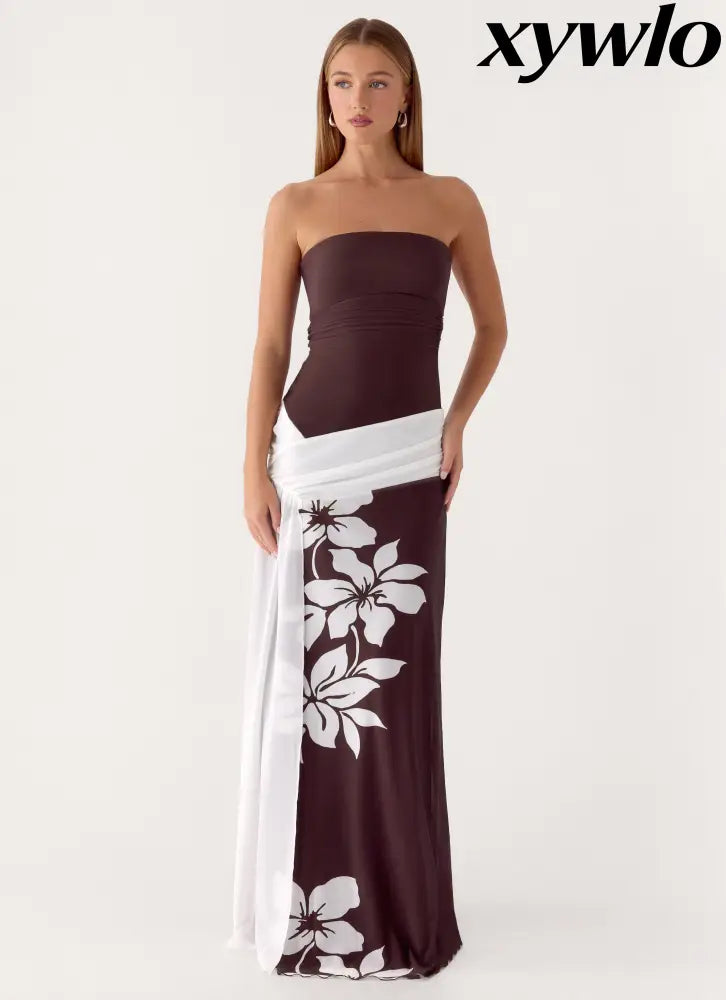 Palomar Strapless Maxi Dress - Chocolate Tropic Floral - Maxi Dresses