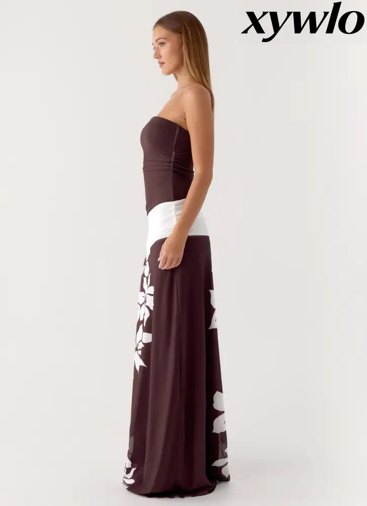 Palomar Strapless Maxi Dress - Chocolate Tropic Floral - Maxi Dresses