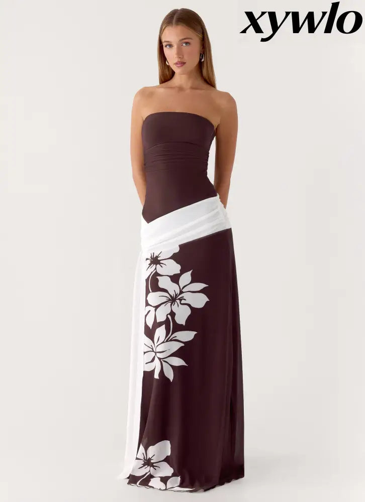 Palomar Strapless Maxi Dress - Chocolate Tropic Floral - Maxi Dresses