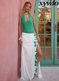 Sarinda Maxi Dress - Green White Tropic Floral Print - Maxi Dresses