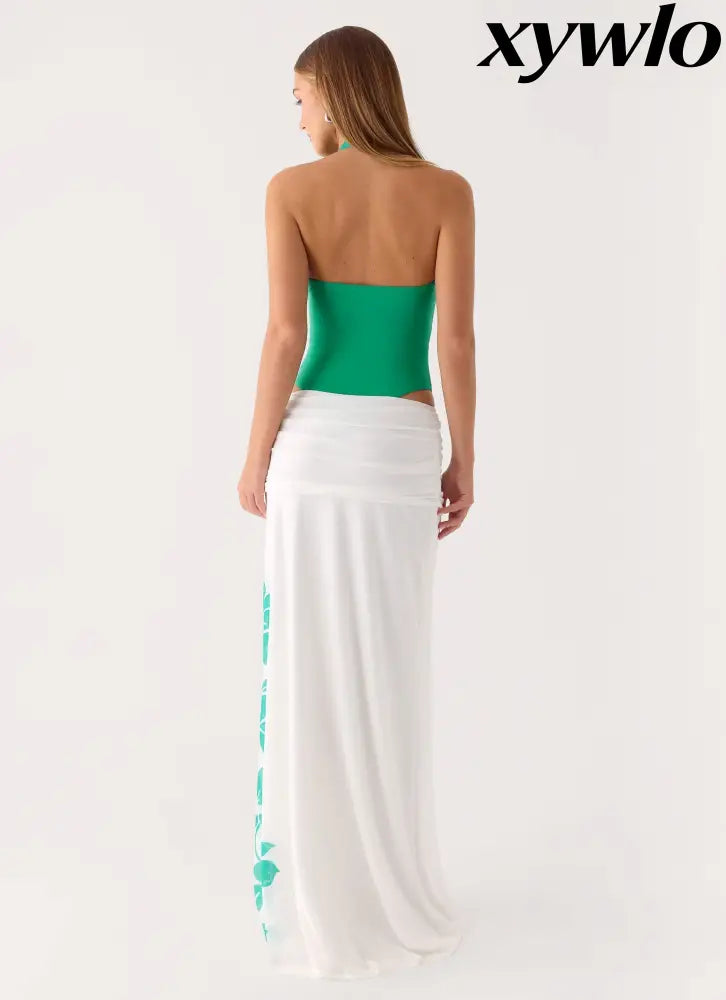 Sarinda Maxi Dress - Green White Tropic Floral Print - Maxi Dresses
