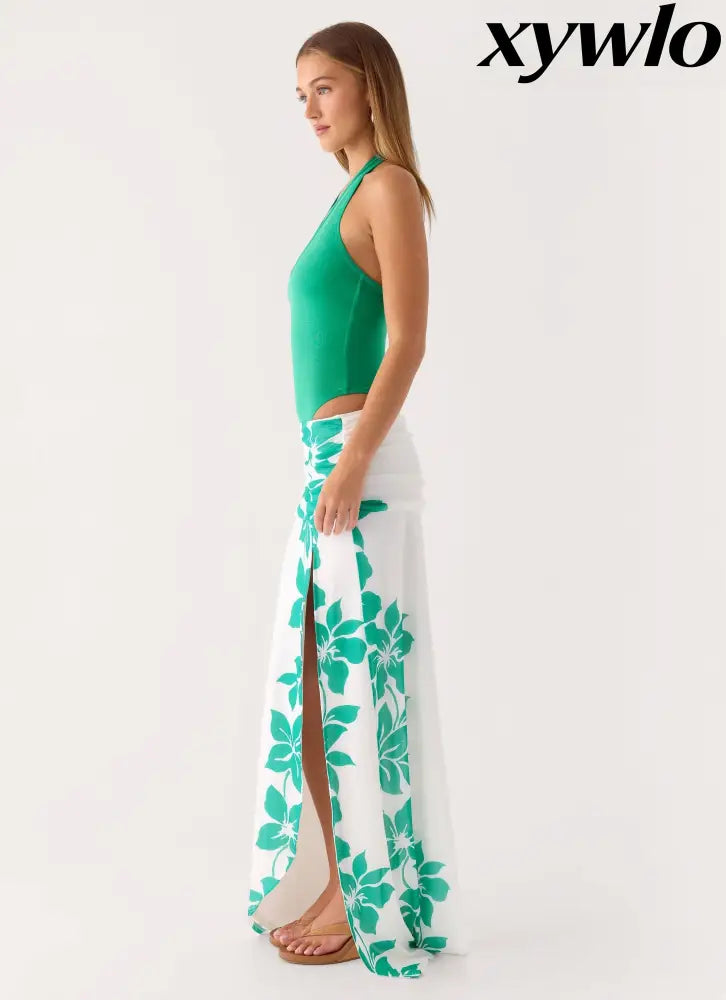 Sarinda Maxi Dress - Green White Tropic Floral Print - Maxi Dresses