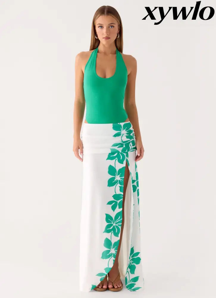 Sarinda Maxi Dress - Green White Tropic Floral Print - Maxi Dresses