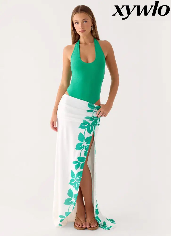 Sarinda Maxi Dress - Green White Tropic Floral Print - Maxi Dresses