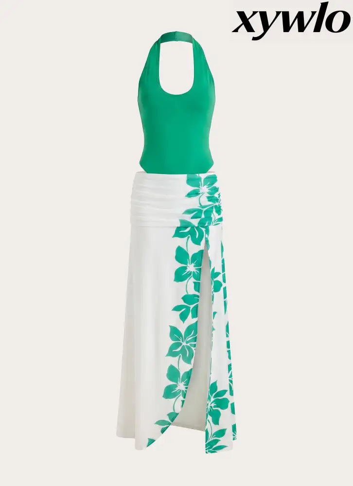 Sarinda Maxi Dress - Green White Tropic Floral Print - Maxi Dresses